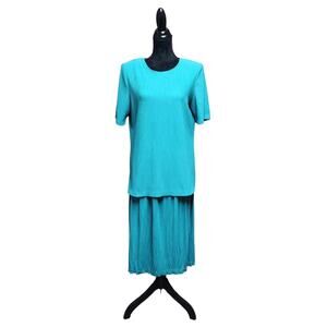 Liz Baker Essentials Womens 2-Piece Teal Solid Blouse & Skirt Set Size Medium M